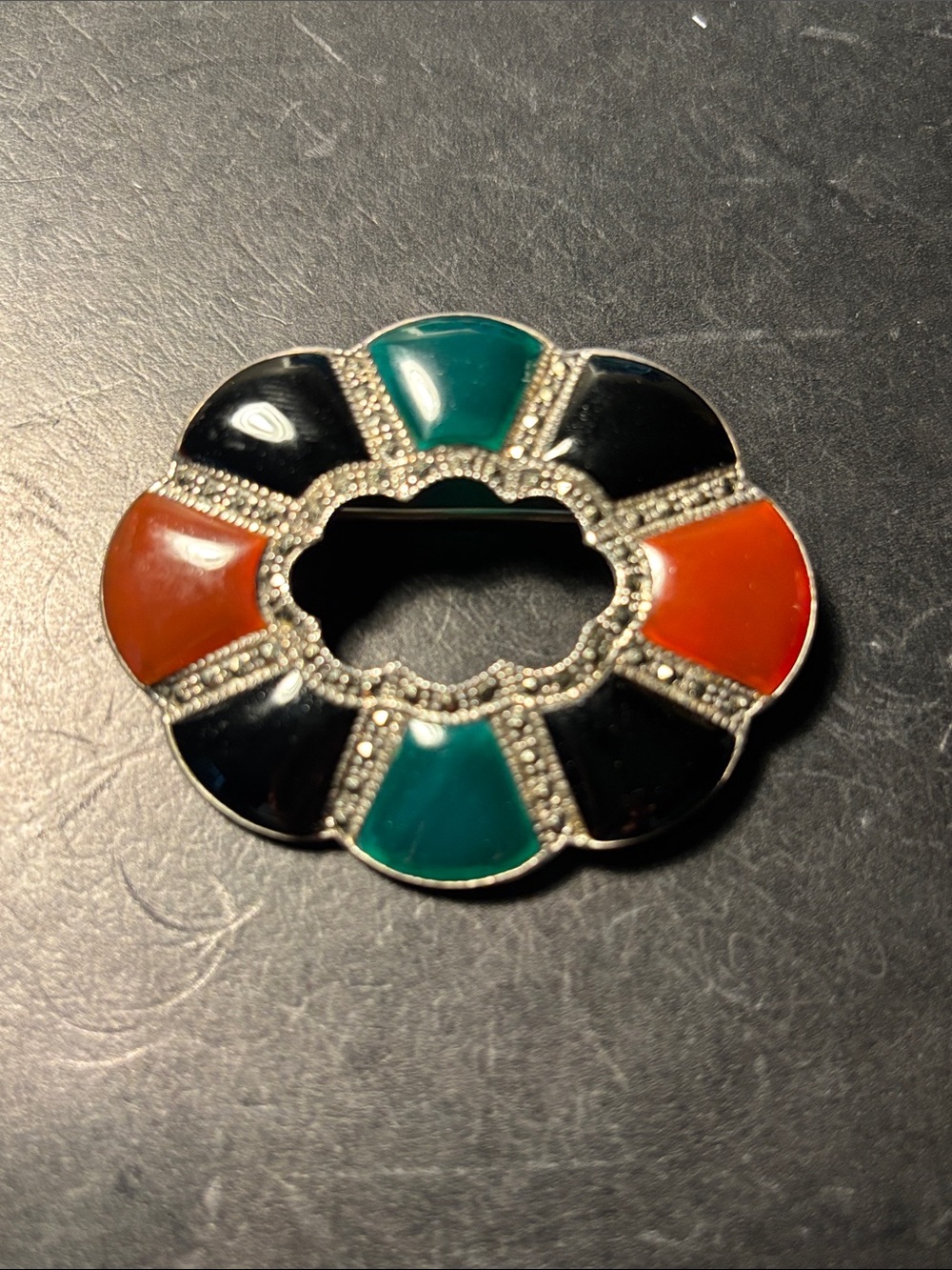 Marcasite and semi precious stone pin - sterling silver